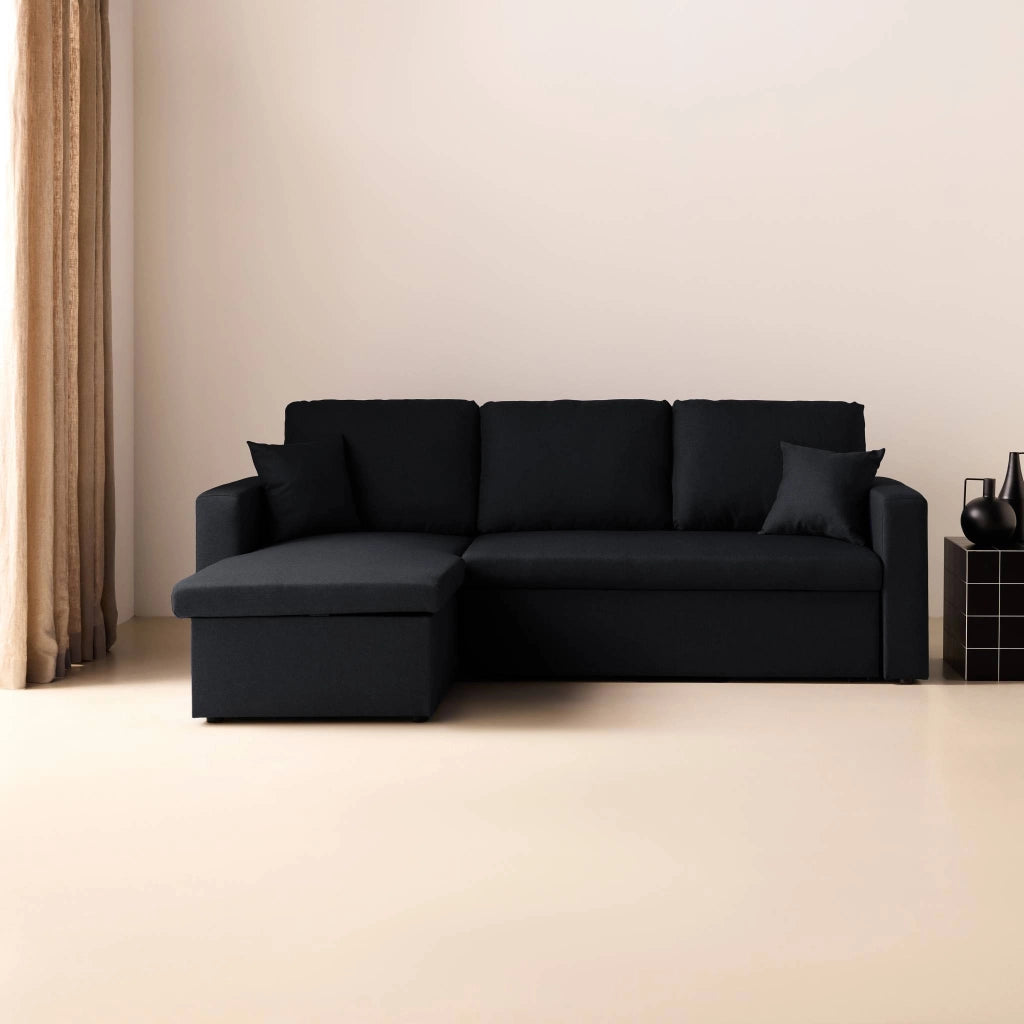 Divano letto angolare reversibile con contenitore, 3 posti, nero