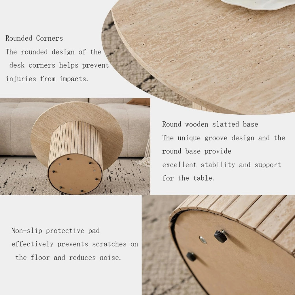 GrandCA HOME - Set di 2 Tavolini Rotondi da Caffè, Tavolino Rotondo da Divano, Piano in MDF con Base a Doghe in Legno, Ideale per Soggiorno e Ufficio (Travertino gialloe)