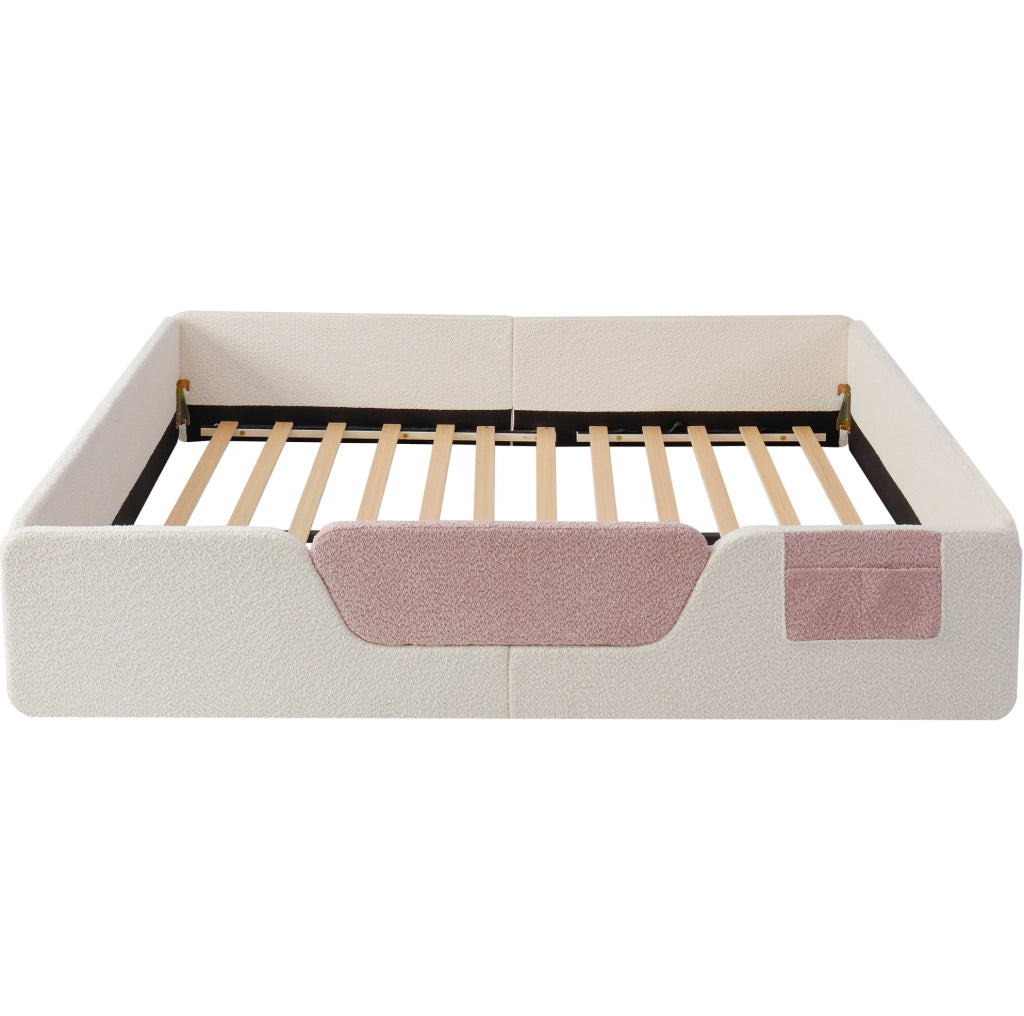 Letto imbottito 140x190 cm con spondine removibili e tasca portaoggetti in velluto beige