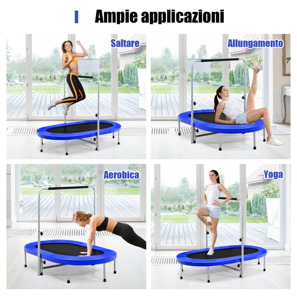Trampolino doppio per 2 persone con maniglia e cuscinetto, Trampolino ovale pieghevole per bambini e adulti Blu-Trampolini