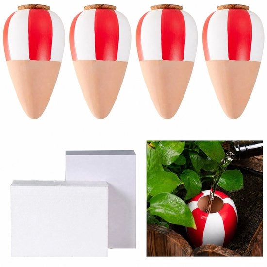 Sistema di irrigazione automatico per piante - Dispensatore di acqua per 4 pezzi - Bocchette auto-rinforzanti - Materiale terracotta - Capacità di 190 ml per pezzo - Sostenibile - Sistema di irrigazione per piante