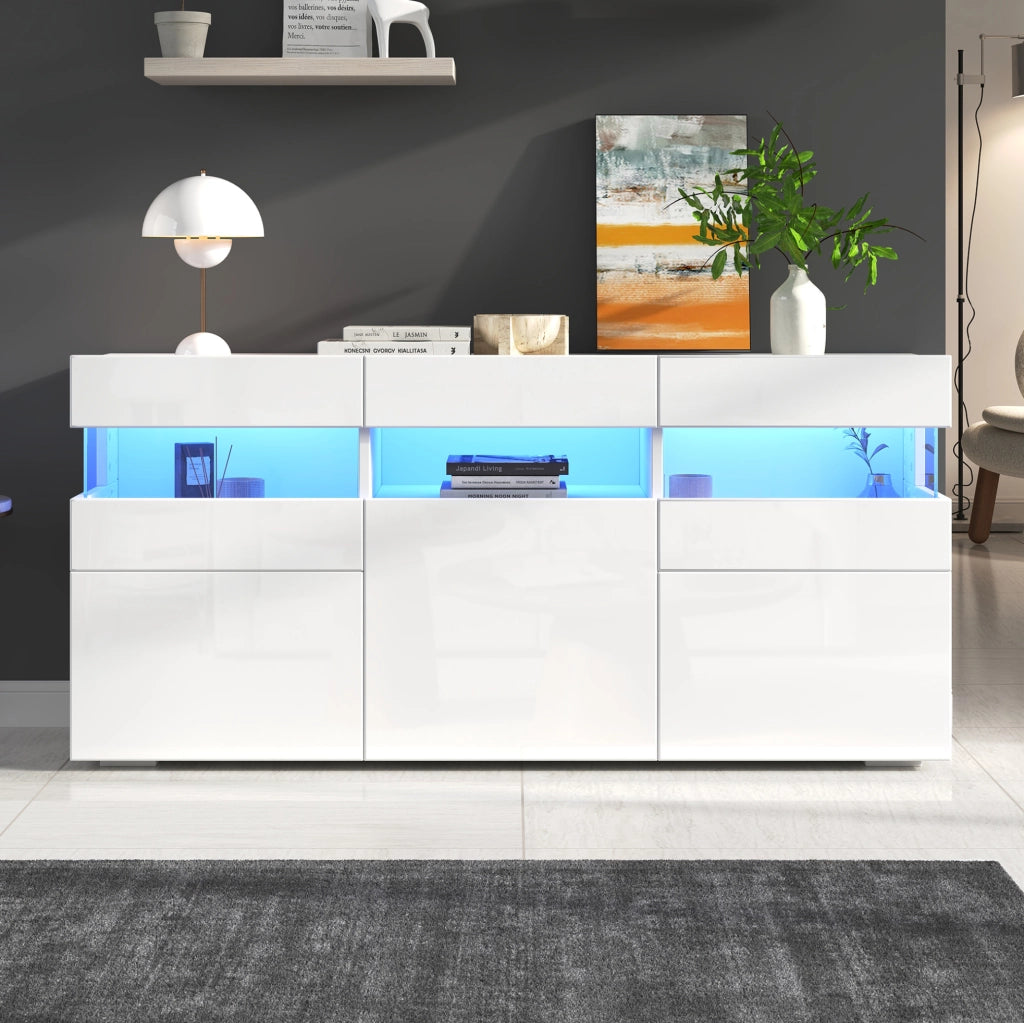 Credenza bianca lucida con LED e 3 ante, 140 cm