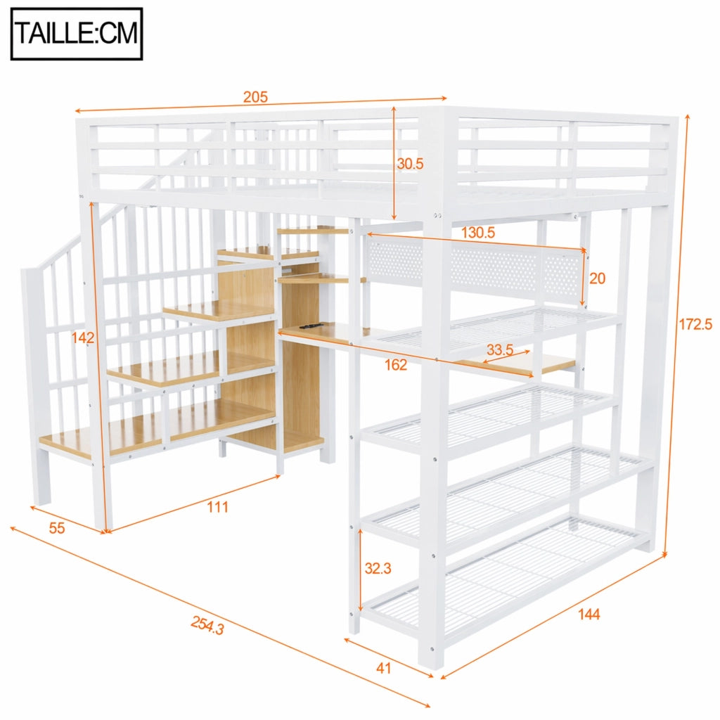 Letto a soppalco multifunzione in metallo e legno, 140¡Á200 cm, bianco, con scala contenitore, LED e prese EU