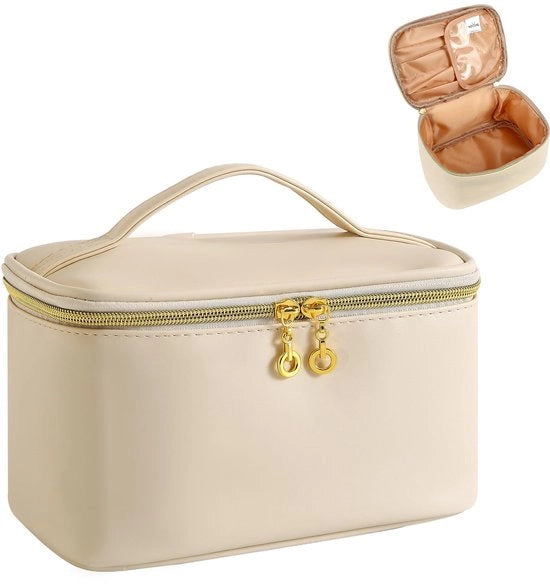 Organizzatore di makeup per borse da donna, 22 x 15 x 12 cm, con alloggio per spazzola, set di toilette per donna, organizzatore di makeup in pelle PU, set di toilette portatile impermeabile (beige)