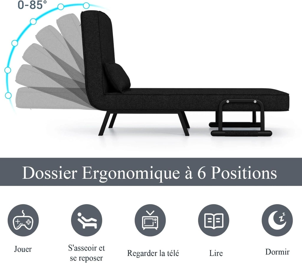 4 in 1 Poltrona Letto Singolo, Poltrona Pieghevole con Schienale Reclinabile a 6 Livelli, Divano Letto con Materasso e Cuscino, per Soggiorno e Salotto, 79 x 65 x 79 cm (Nero)
