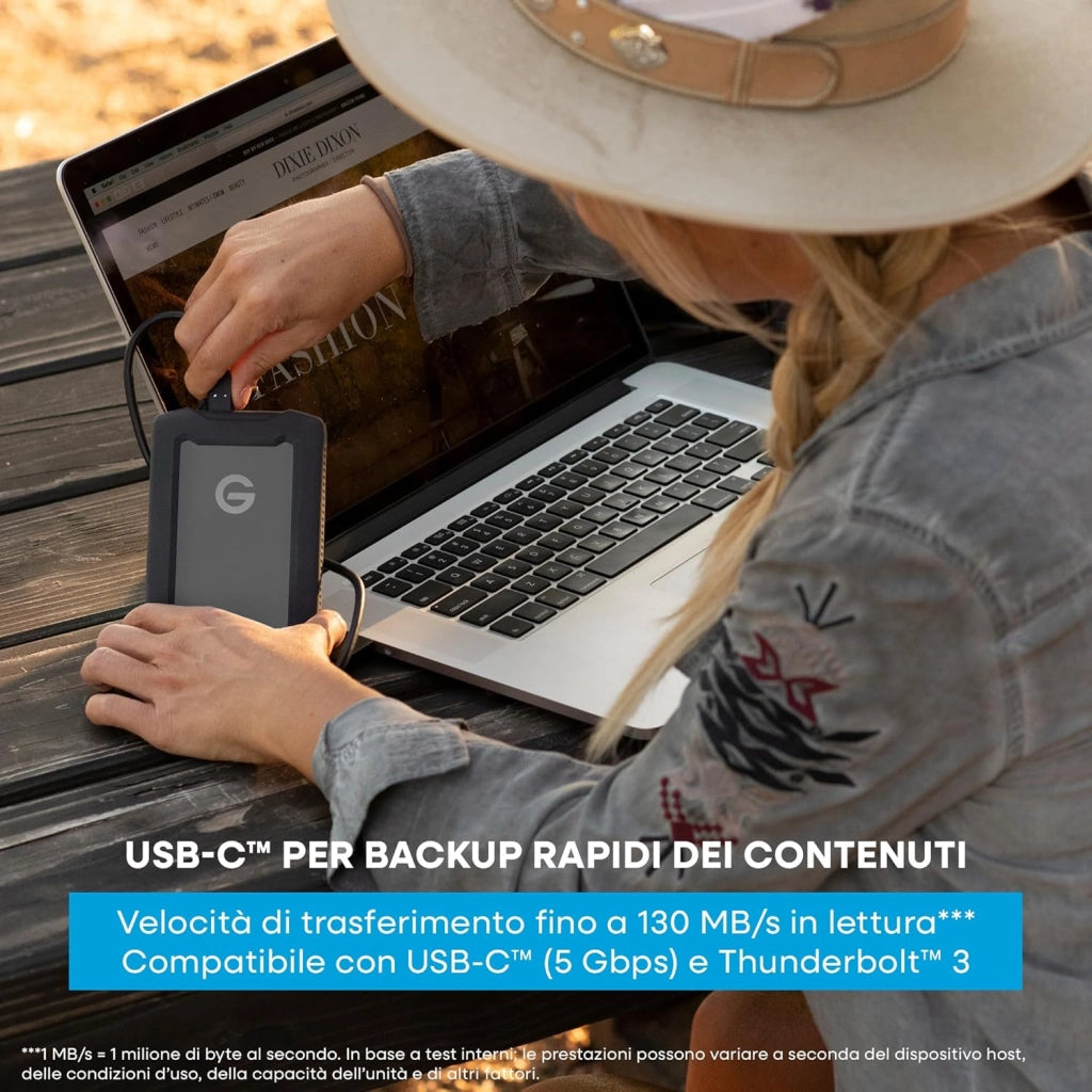 G-DRIVE ArmorATD 2TB, HDD portatile USB-C (5Gbps), USB 3.2 Gen 1, Thunderbolt 3, fino a 130 MB/s