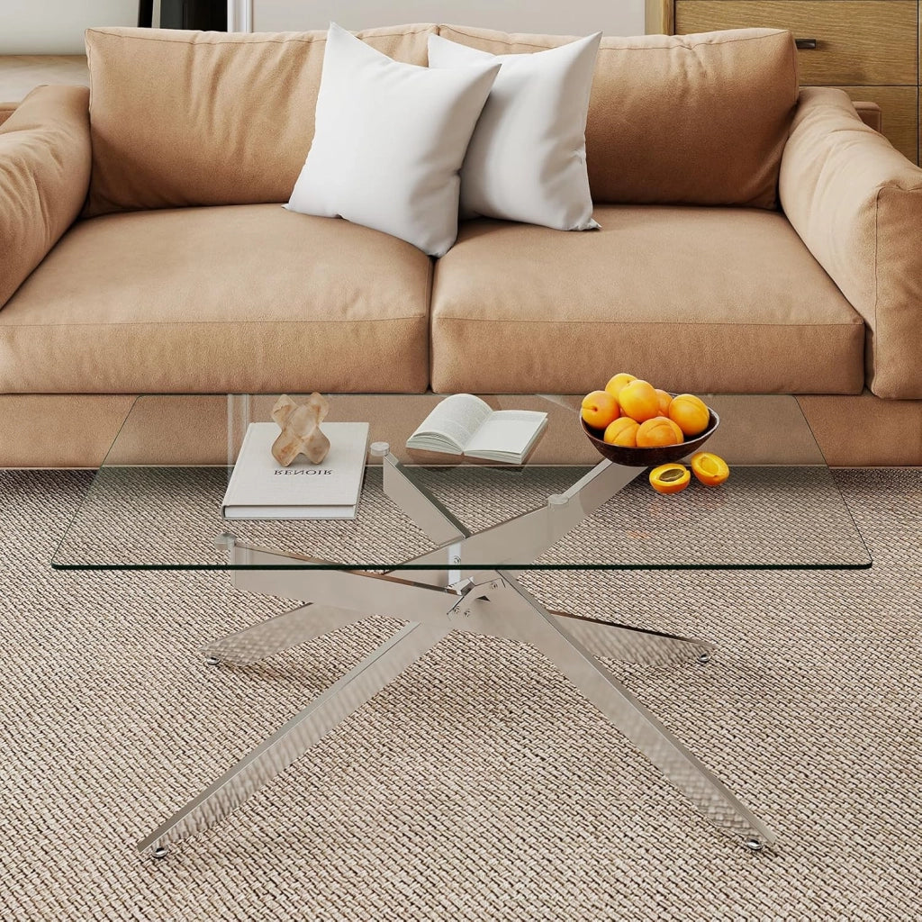Tavolo da Caffè, Tavolino Salotto in Vetro Temperato con Gambe Incrociate in Metallo Placcato e Piedini Regolabili Antiscivolo, per Soggiorno e Ingresso, 120 x 60 x 45,5 cm (Argento)