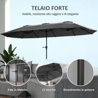 Ombrellone Doppio con Prese d'Aria e Manovella, in Metallo e Poliestere, 4x2.2x2.34 m, Nero e Grigio Scuro