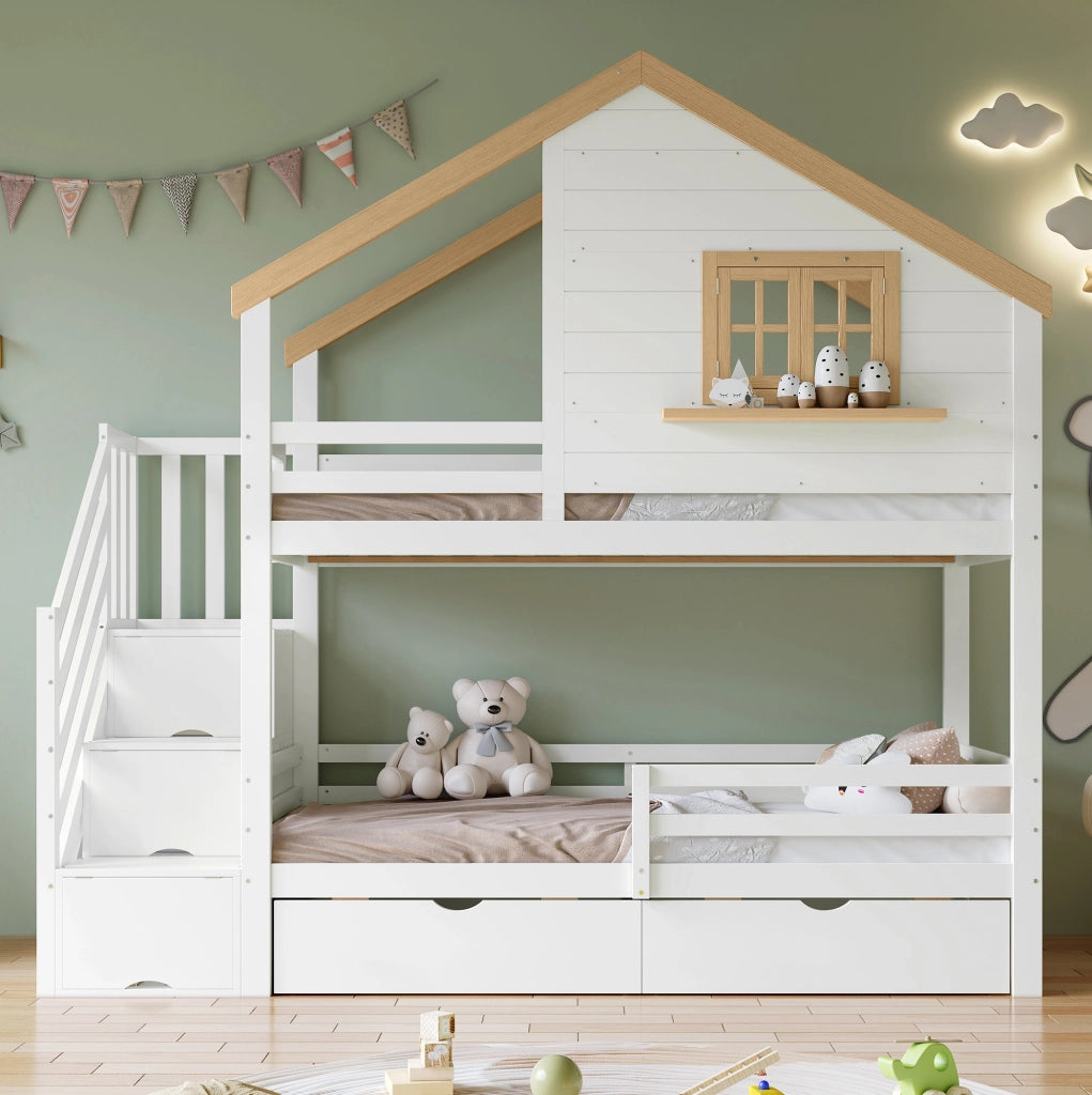 Letto a castello 90x200 cm con cassetti bianco e naturale