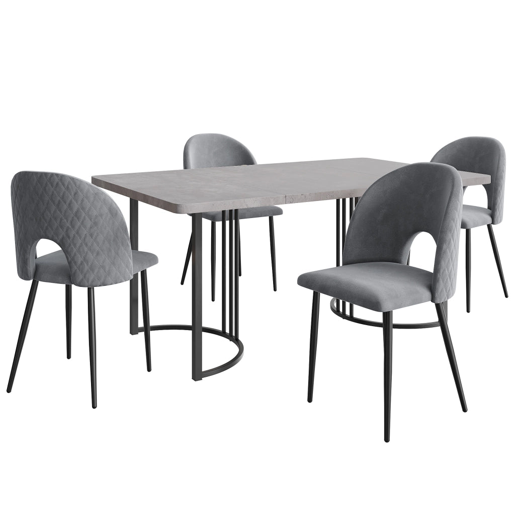 Set tavolo da pranzo 140x80 cm con 4 sedie in velluto grigio