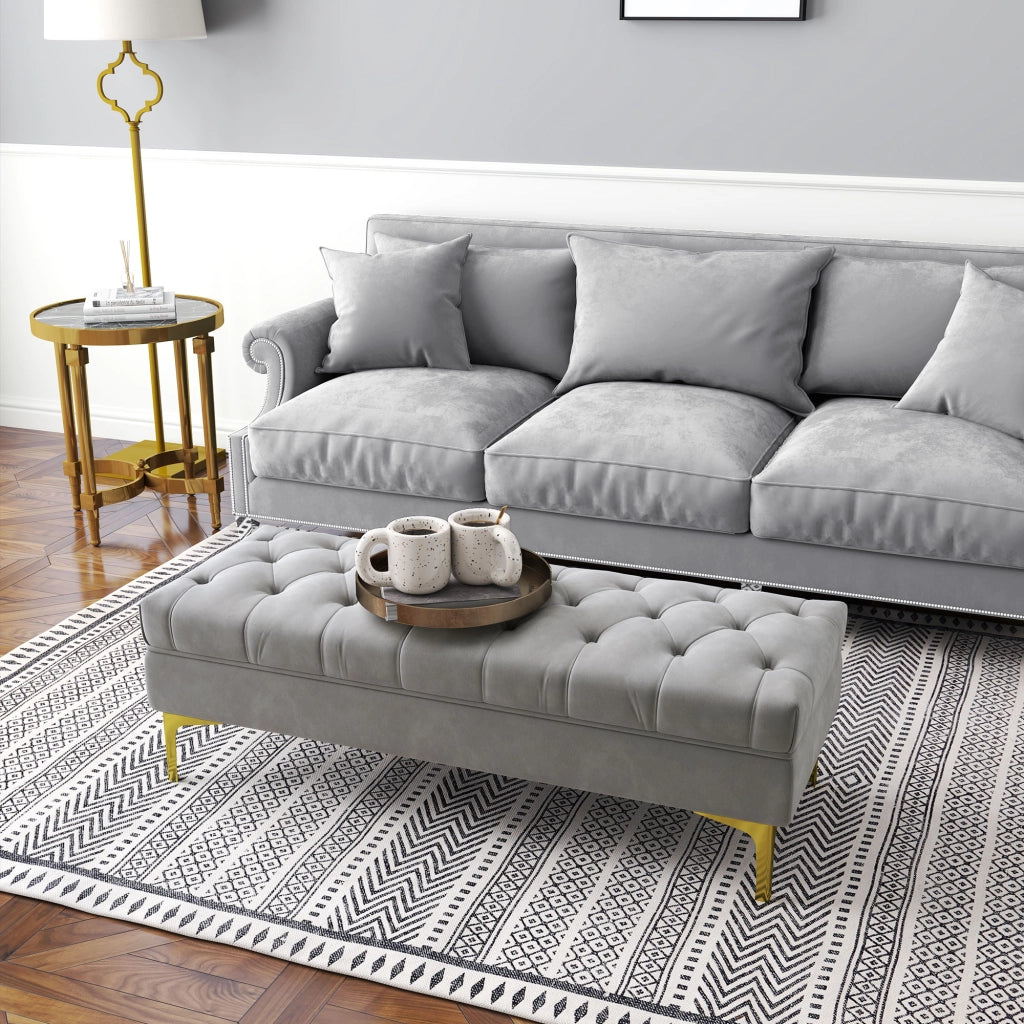 PANCA Imbottita 118x45x42 cm Grigio Chiaro con gambe dorate
