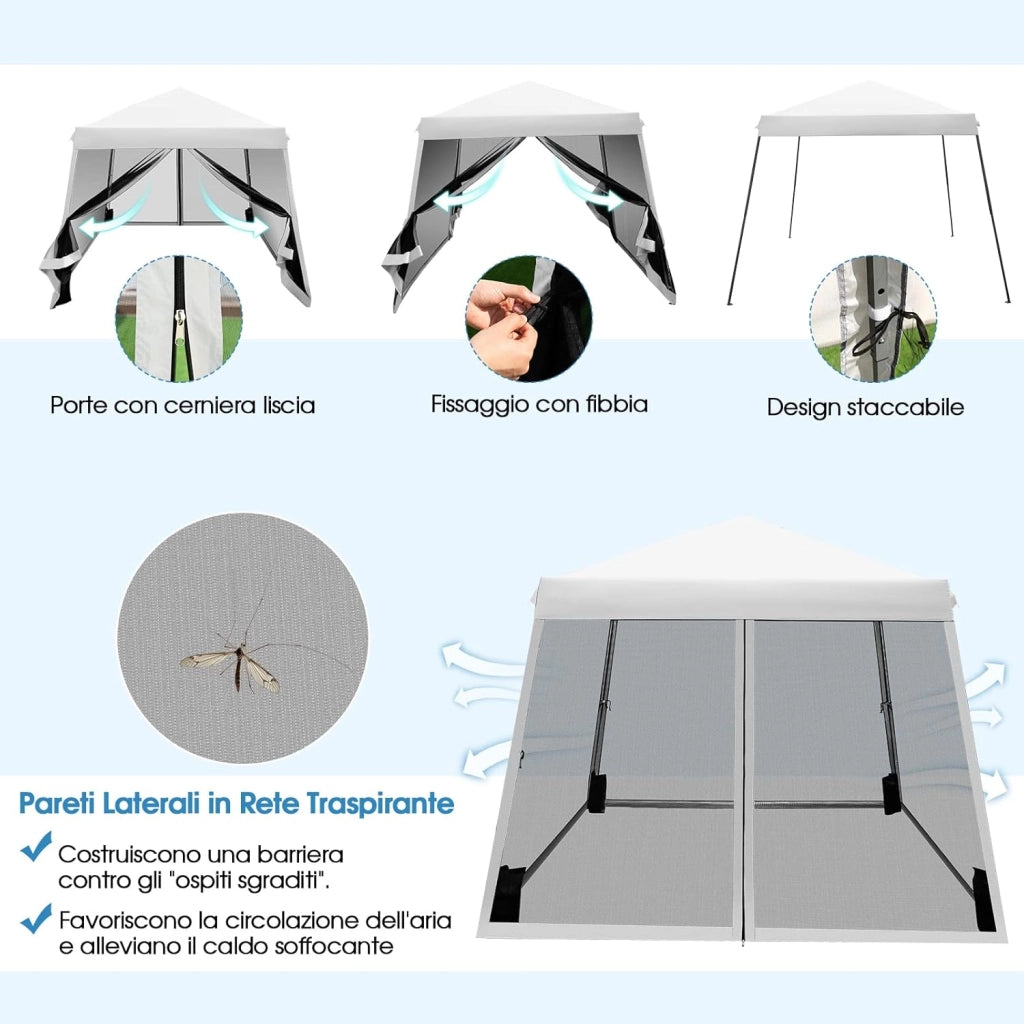 Gazebo Pieghevole da Giardino 3 x 3 M, Impermeabile, Altezza Regolabile, Gazebo da Esterno con Rete, per Spiaggia, Campeggio, Patio, Mercato, Bianco