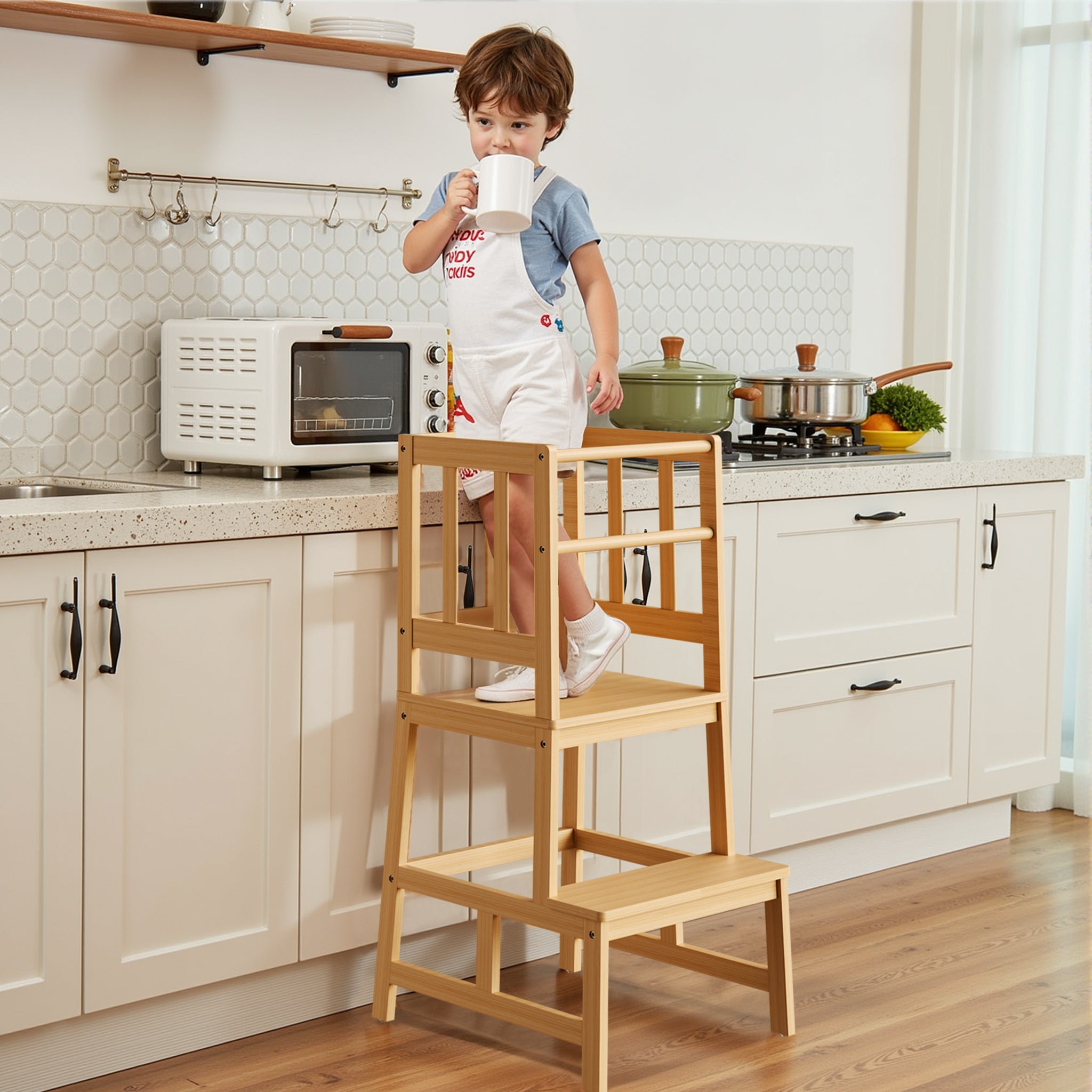 Torre Montessori in bambù 46x46x90cm, con barre di protezione, Learning tower Scala montessoriana