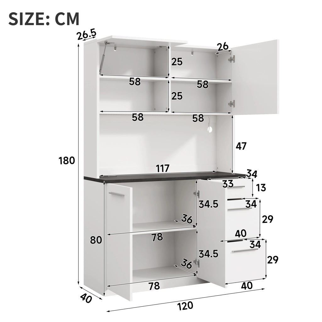 Credenza e madia con LED, 2 prese e USB-A e USB-C, ripiani regolabili, per sala da pranzo, bianco, 120 × 40 × 180 cm