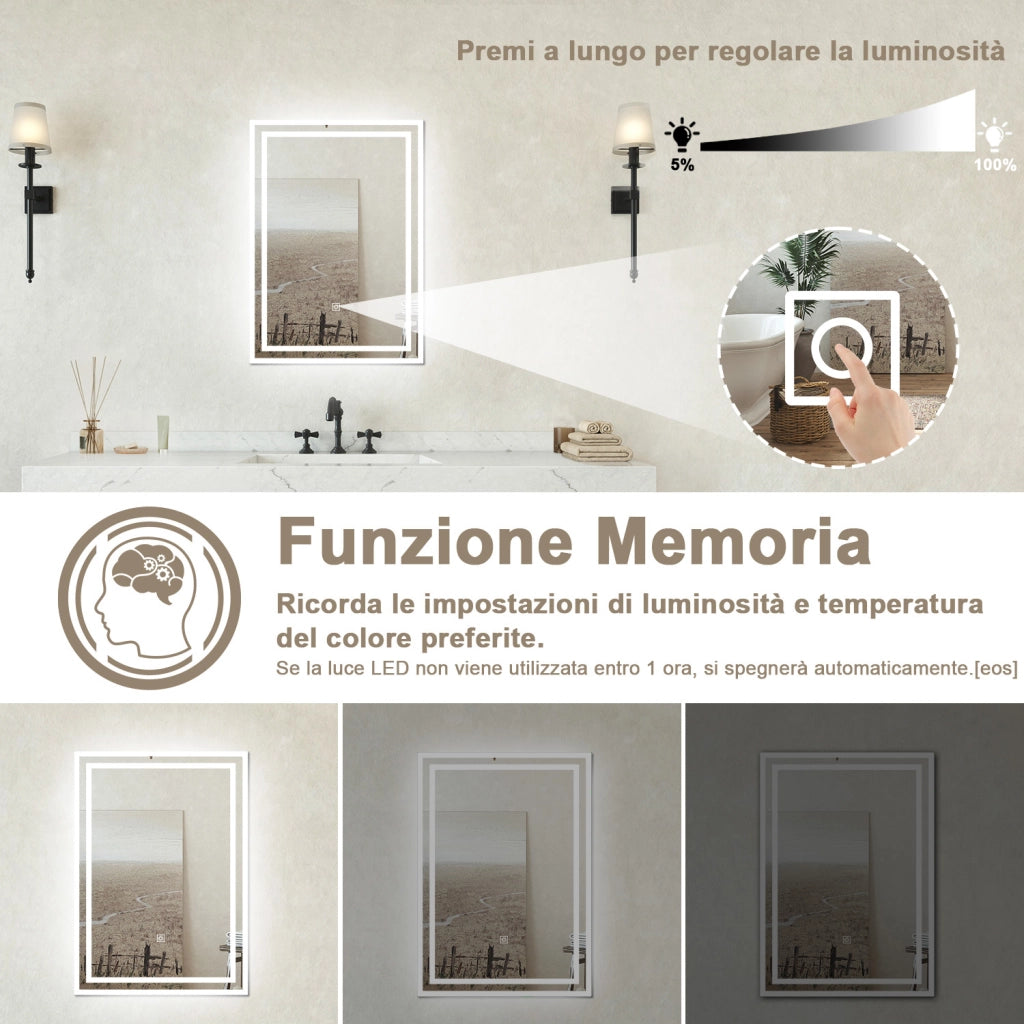Specchio bagno Rettangolare 50x70cm Retroilluminato Con Led, Antiappannamento + 3 Luci