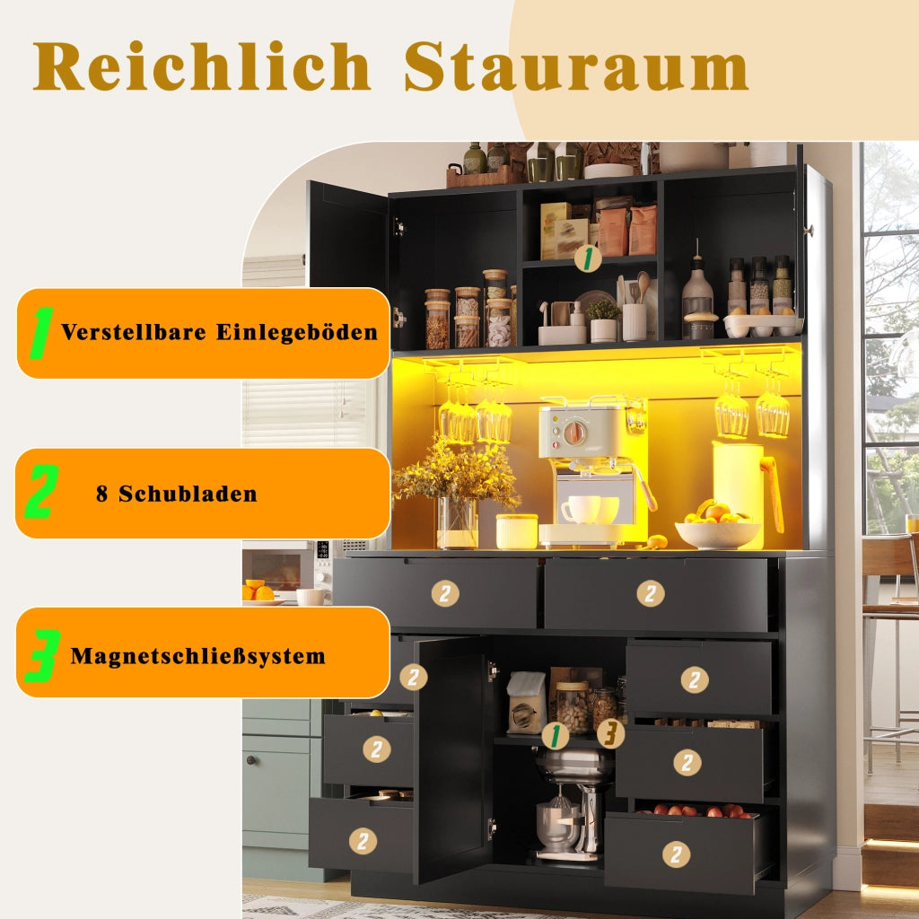 ARMADIO CUCINA 120x40x183,5 cm MDF Nero 8 cassetti con LED