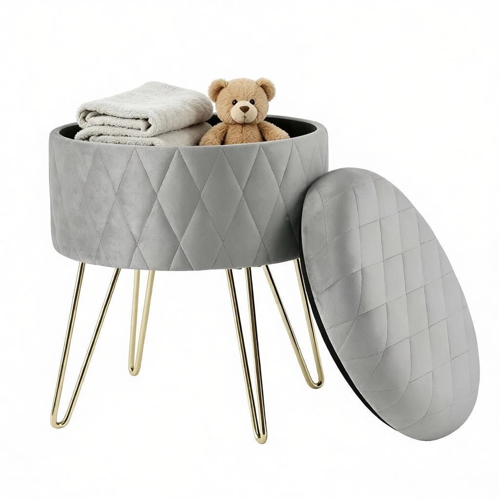 Pouf contenitore rotondo in velluto grigio chiaro con struttura in metallo, 31,5x31,5x36 cm