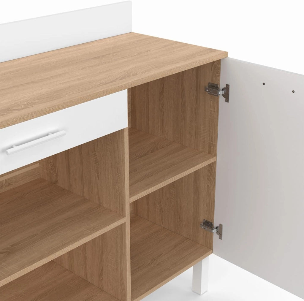 Credenza bassa 100 cm Piano di lavoro CINA H.83 cm 1 anta + 1 cassetto finitura faggio e bianco