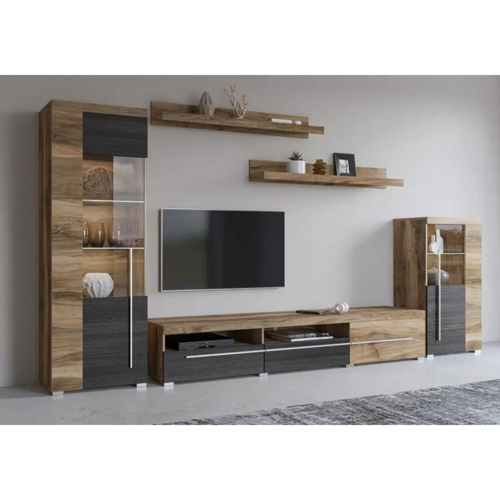 Composizione murale BRAZZA – Vetrine, mobile TV 160 cm e 2 mensole – Finitura noce satinato