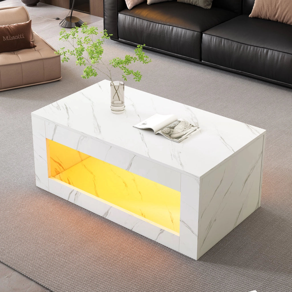 Tavolino da salotto LED con vano aperto; piano effetto marmo lucido; in truciolare; bianco; 100 × 50 × 50 cm