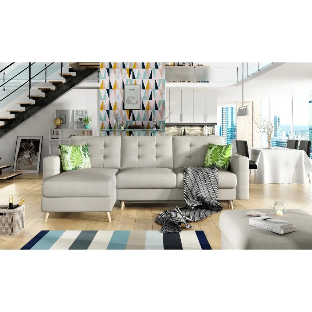 Divano angolare trasformabile HASGARD 3 posti beige 248x162 cm – con vano contenitore e piedi in legno
