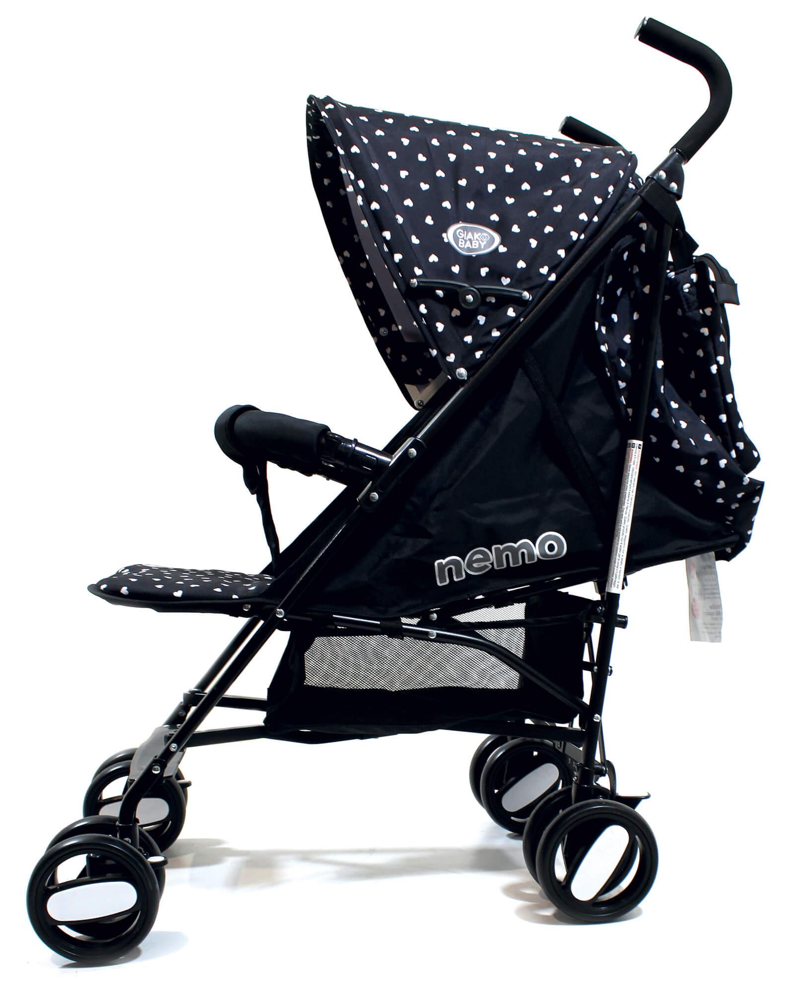 Passeggino Leggero per Bambini Pieghevole con Borsa Nemo Nero con Cuori