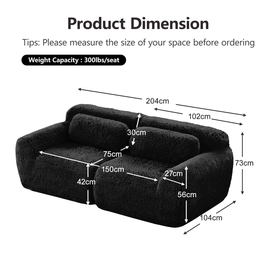 OKWISH Divano Modulare 2 Posti, Design Senza Struttura Componibile con Cuscini e Base Antiscivolo, Peluche, Nero