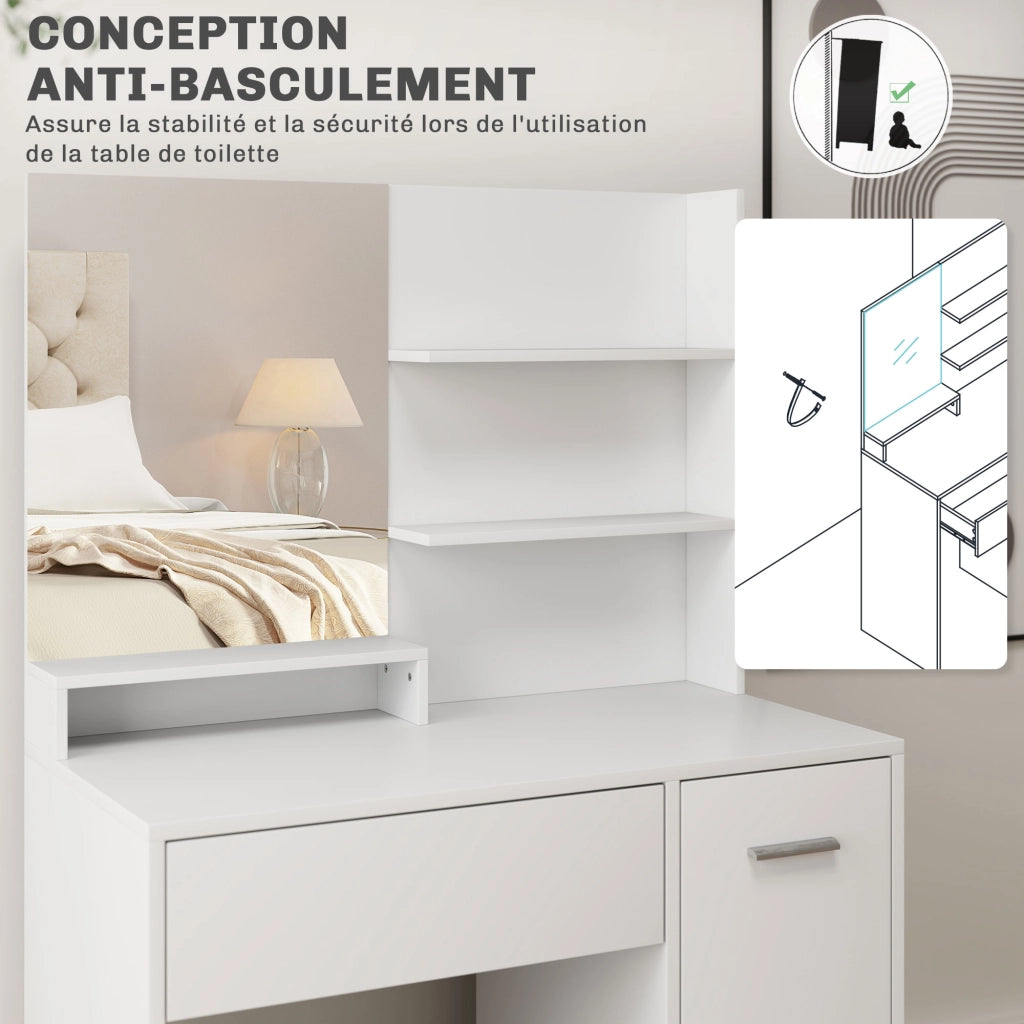 Scrivania con specchio e sgabello ¨C zephmum ¨C 80x40x132 cm, bianco
