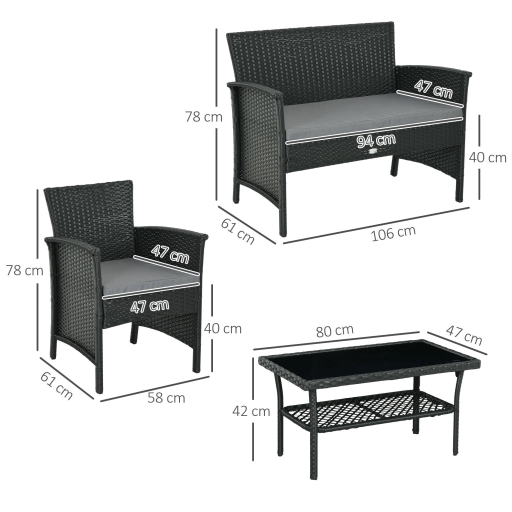 Set Salotto da Giardino Divano 2 Poltrone con Cuscini e Tavolino in Vetro in Rattan PE Nero e Grigio
