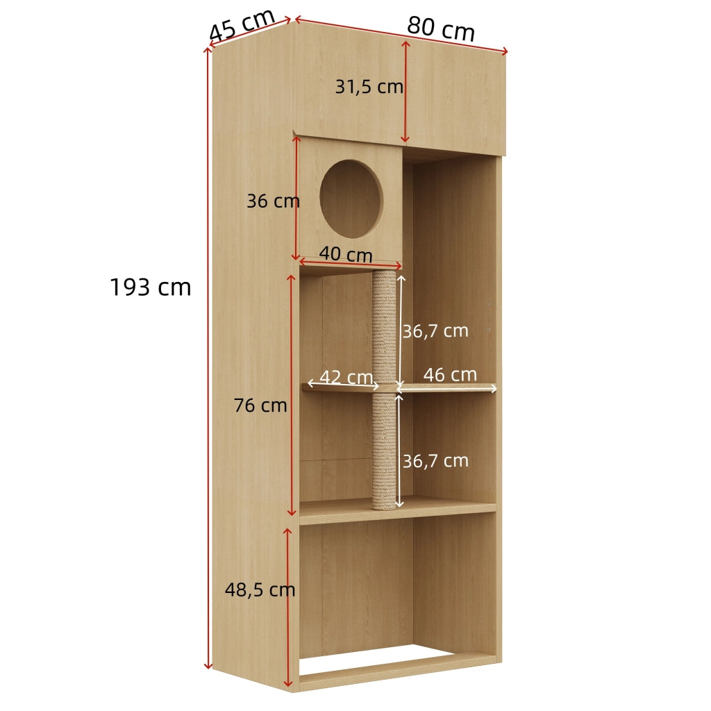 Mobile contenitore per gatti con tiragraffi in sisal; cuccia rotonda e vano chiuso con ripiani; in MDF; 80×45×193 cm