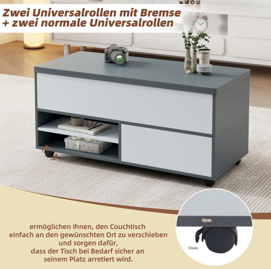 Tavolino da caffè sollevabile 100 x 98 x 65 cm in truciolare grigio e bianco; con ruote e contenitore