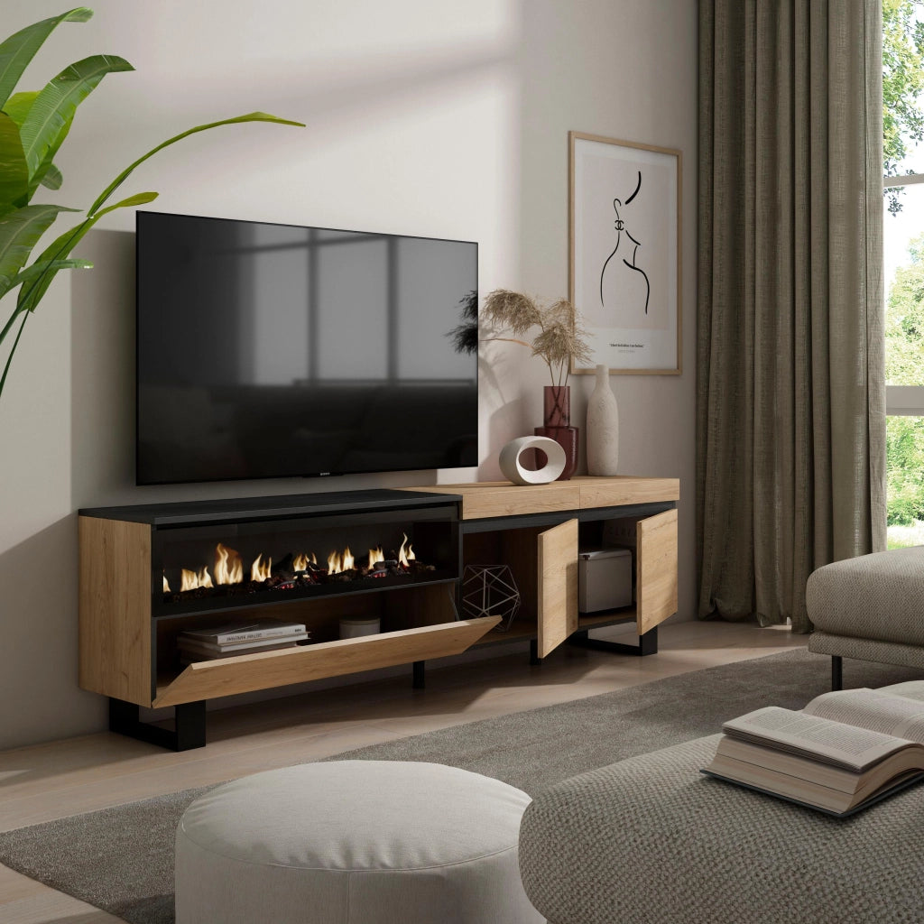 Mobile TV, 200x35x57cm, soggiorno, Per TV fino a 80", Camino elettrico, Design industriale, colore Rovere e nero RF2146