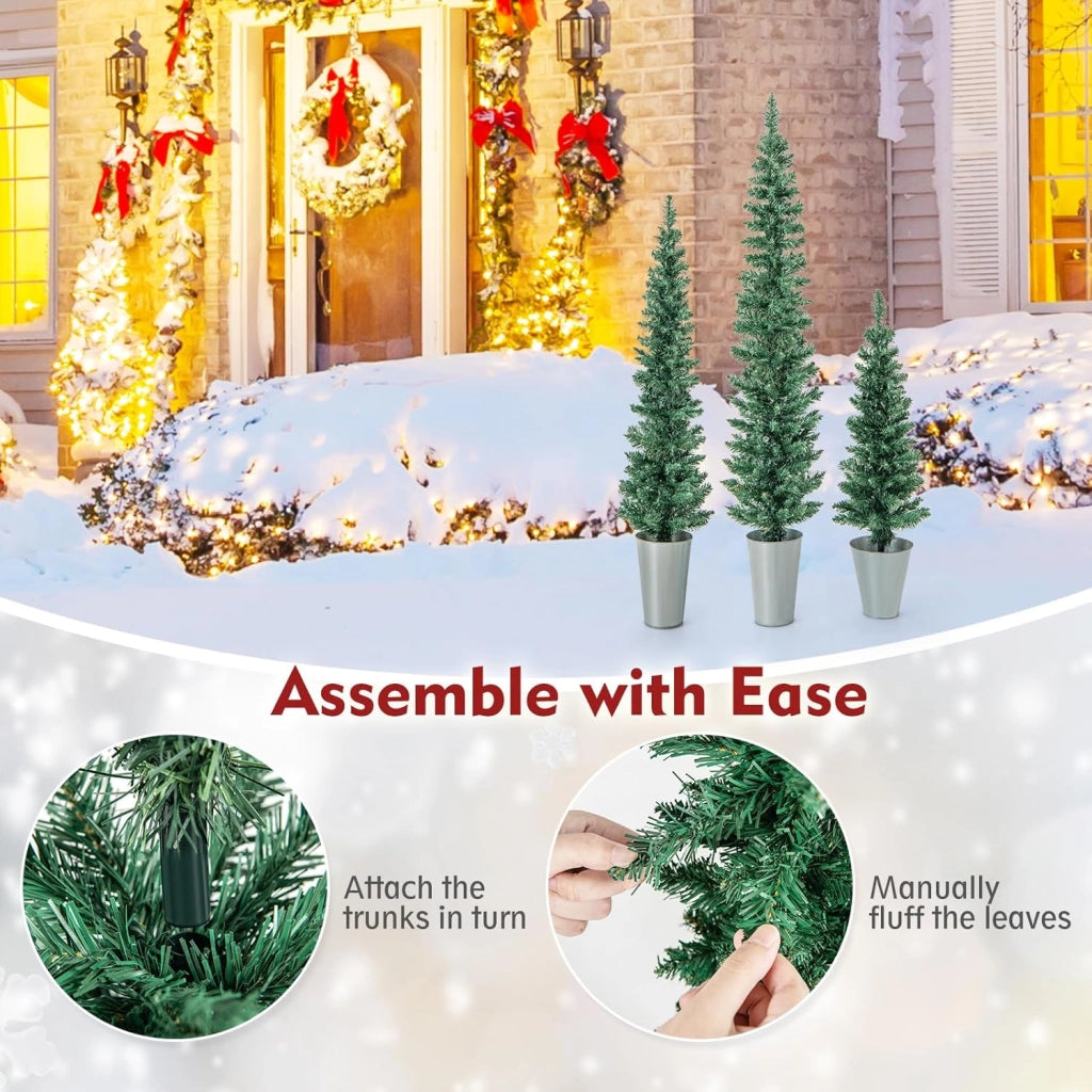 Set di 3 Albero di Natale Artificiale in Vaso con Alberi Finti da 90/120/150 cm, Alberi di Natale Sottili a Matita con Secchi in Metallo Argentato, Decorazione Festiva (Verde)