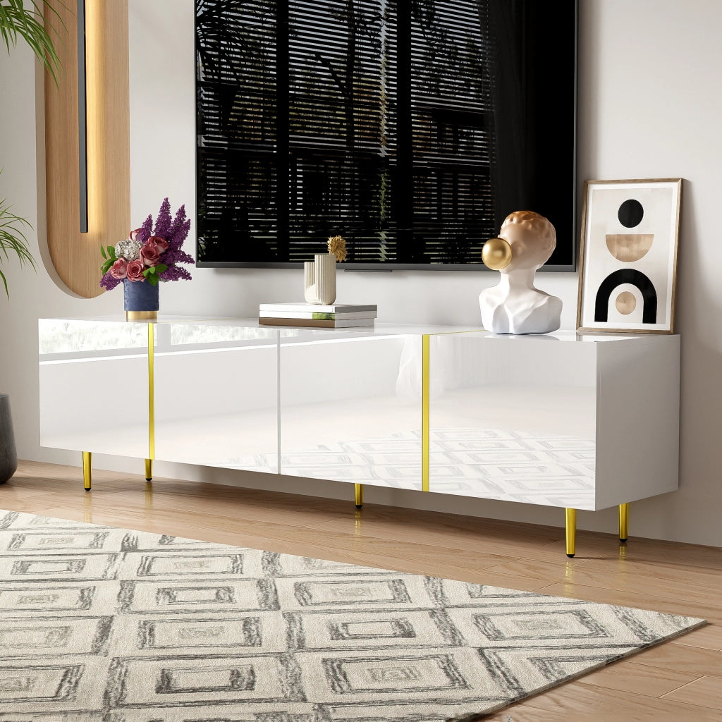 OKWISH Mobile TV con 4 Ante e Chiusura Ammortizzata, Finitura Lucida, per Soggiorno, MDF, Bianco, 170 x 35 x 46 cm
