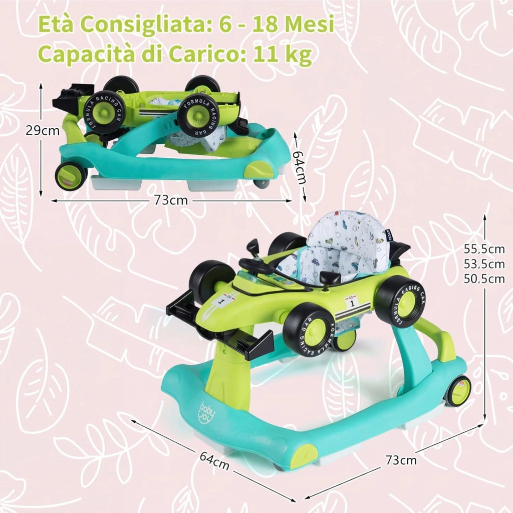 Girello per Bambini 4 in 1, Girello Pieghevole con Altezza e Velocità Regolabili, Carillon con Luci, Volante, Primi Passi per Bambini 6-18 Mesi, Portata 12 kg (Verde)