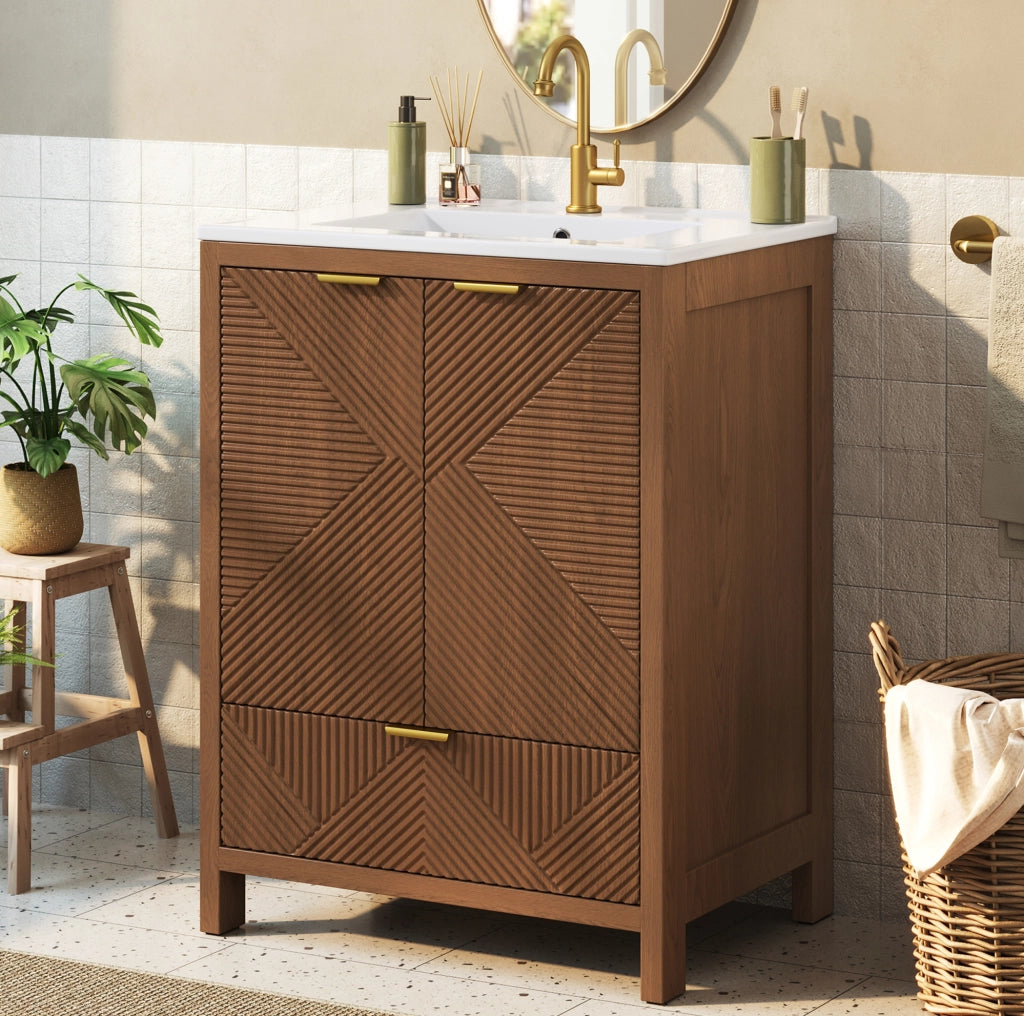 Mobile bagno freestanding 61 cm con lavabo in ceramica; 2 ante soft-close e cassetto; noce
