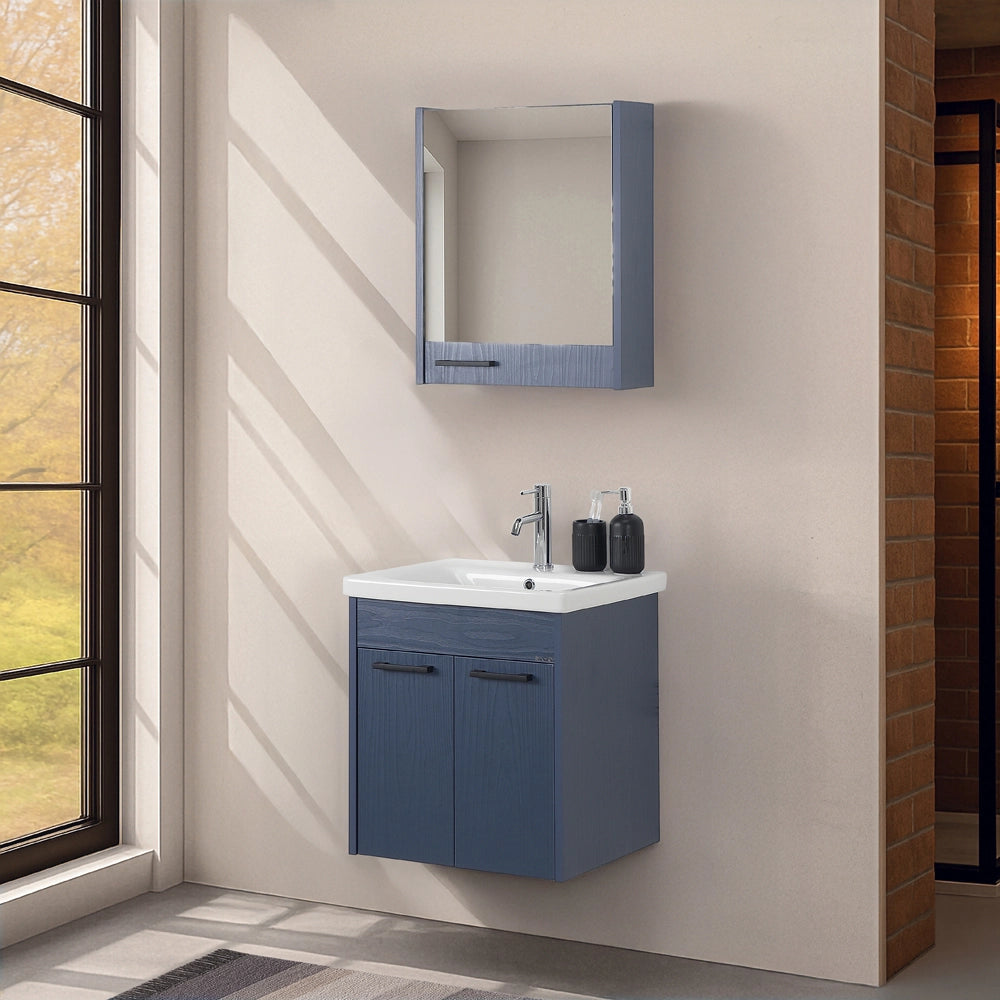 Mobile bagno sospeso 55 cm blu effetto legno con armadietto a specchio Sofia