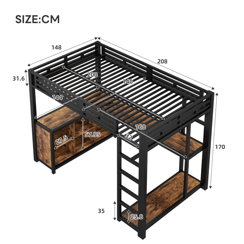 Letto a soppalco 140x200 cm con scrivania, LED e USB, nero