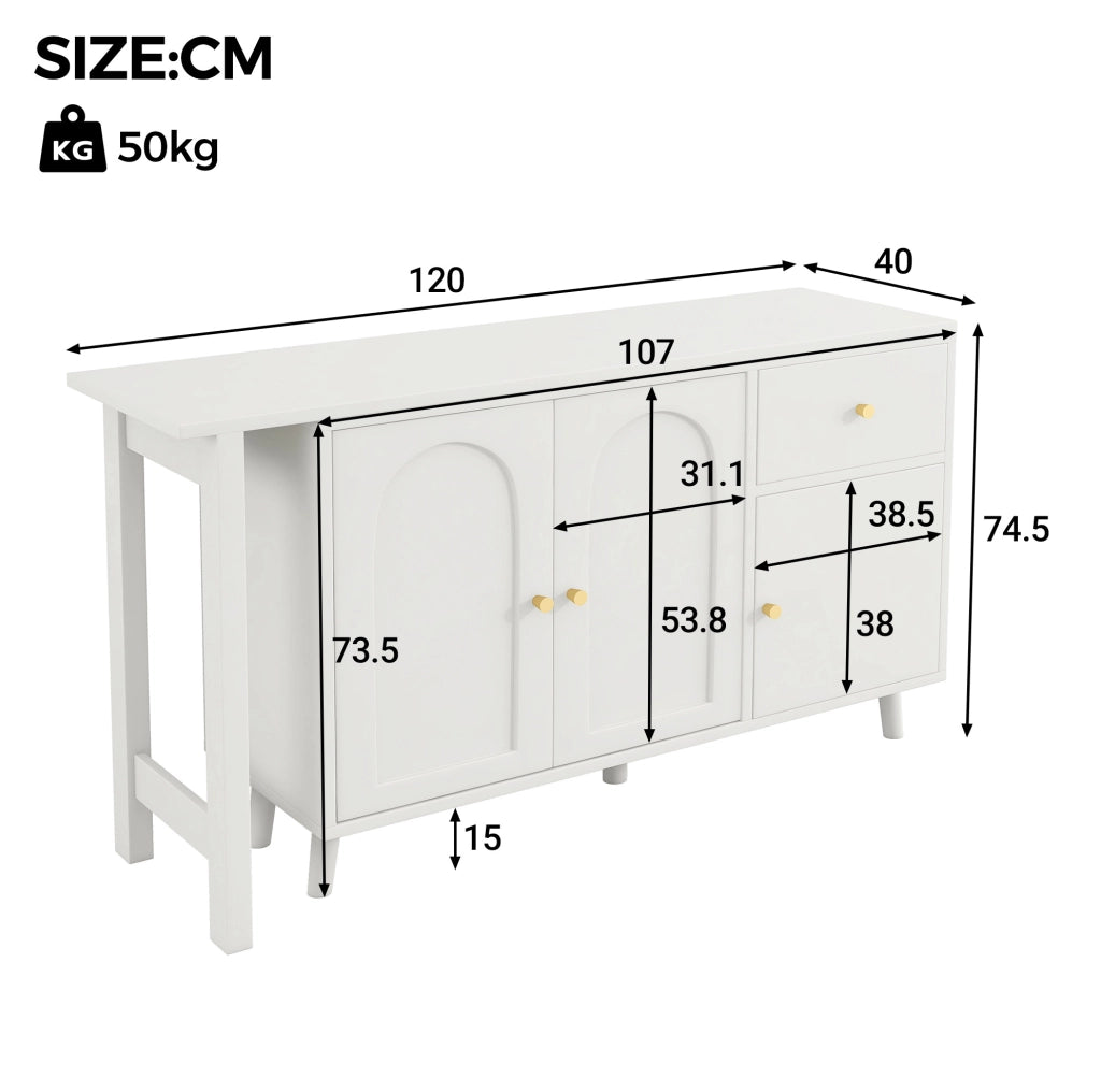 Scrivania 2 in 1 con sideboard girevole 360°; 3 ante e 1 cassetto; 120x40x74;5 cm; bianco