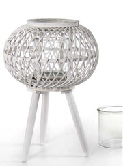 LANTERNA TONDA PORTACANDELA IN LEGNO VETRO E BAMBU 17X61 CM BIANCA CON PIEDINI