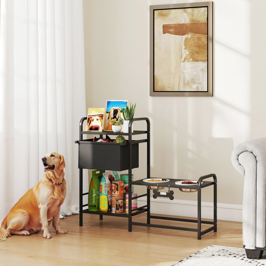 Ciotola per Cani Regolabile in Altezza con Contenitore ¨C zephmum ¨C 89.5x27x74 cm Nero