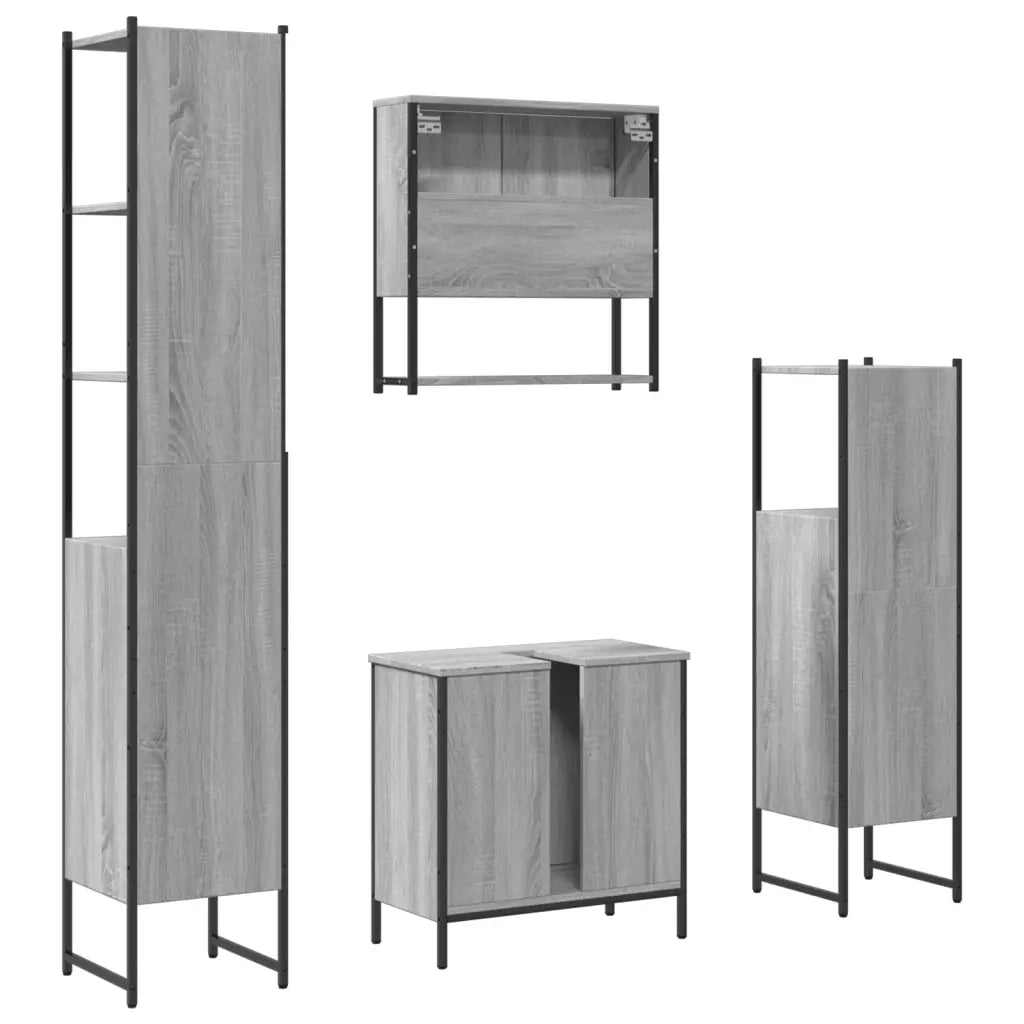Set Mobili da Bagno | Armadio da bagno 4 pz Grigio Sonoma in Legno Multistrato