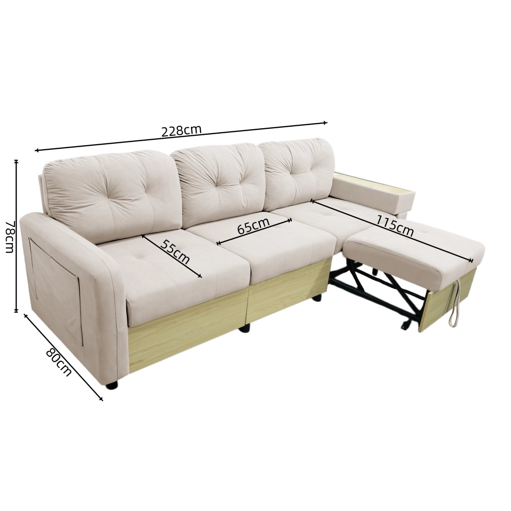 Divano angolare modulare con chaise longue estraibile USB contenitore e bracciolo con ripiano in velluto beige per soggiorno