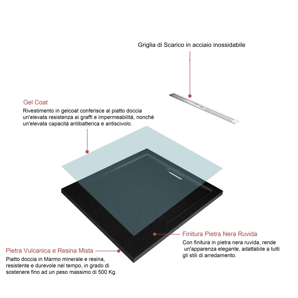 Piatto Doccia Quadrato 90x90x3cm in Pietra Vulcanica e Resina Mista Finitura Pietra Nera Ruvida Ultraslim Antiscivolo Antibatterico
