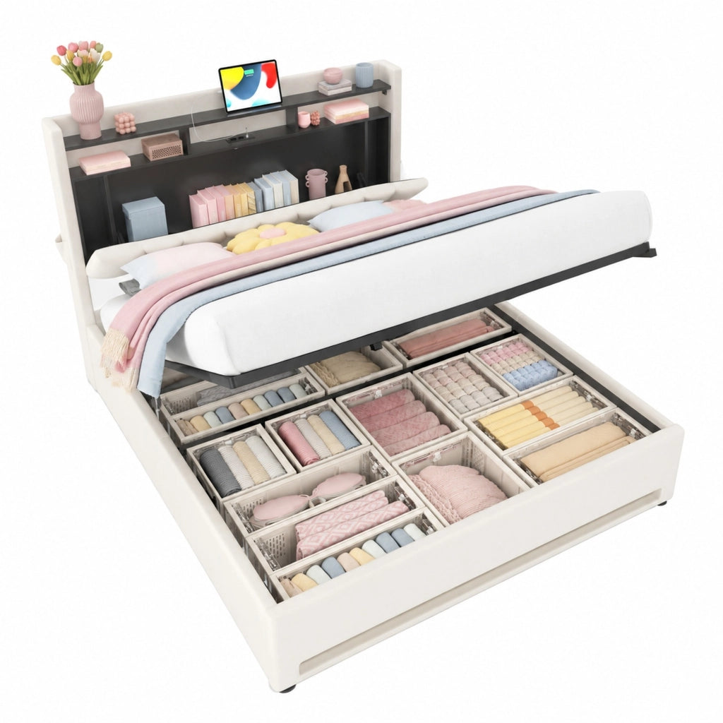 Letto matrimoniale 160x200 cm beige con LED, USB-C e contenitore