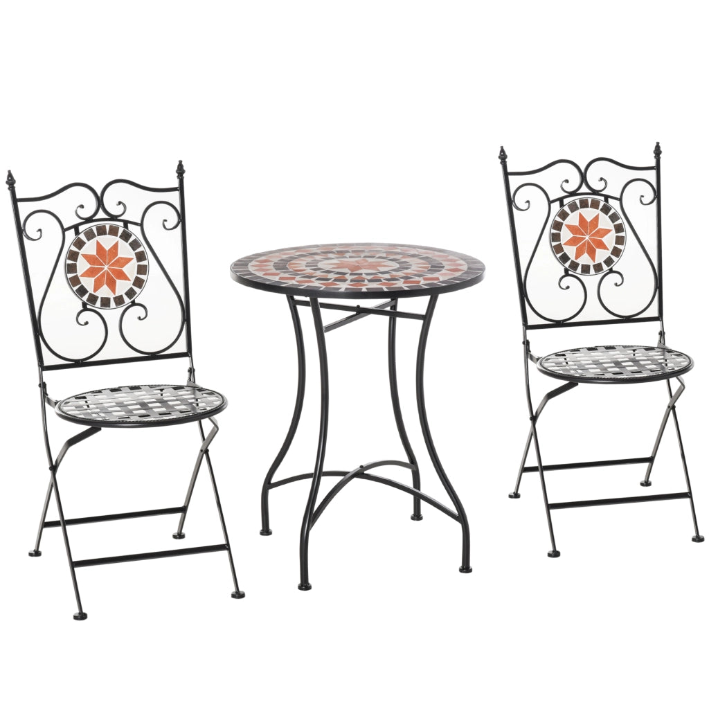 Set Giardino per 2 Persone con Tavolo Mosaico e 2 Sedie Pieghevoli in Metallo ¨C zephmum ¨C Multicolore