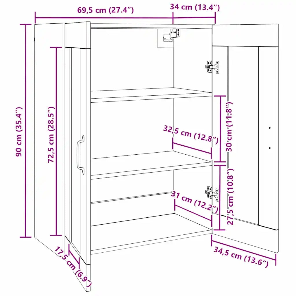 vidaXL Mobiletto da parete appeso Marrone 69.5 x 34 x 90 cm