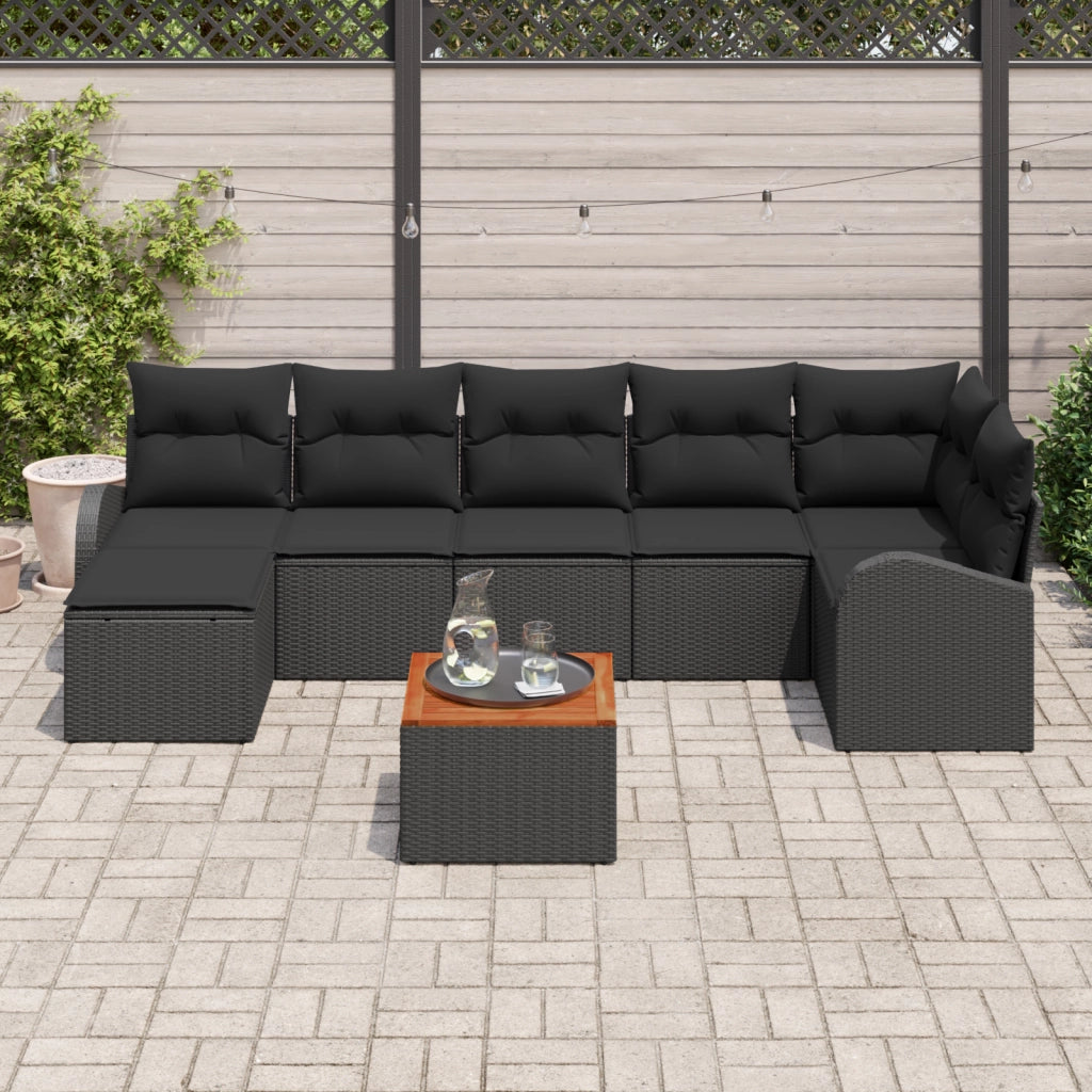 Set di divani da giardino  8 pezzi con cuscini neri in polirattan di acacia