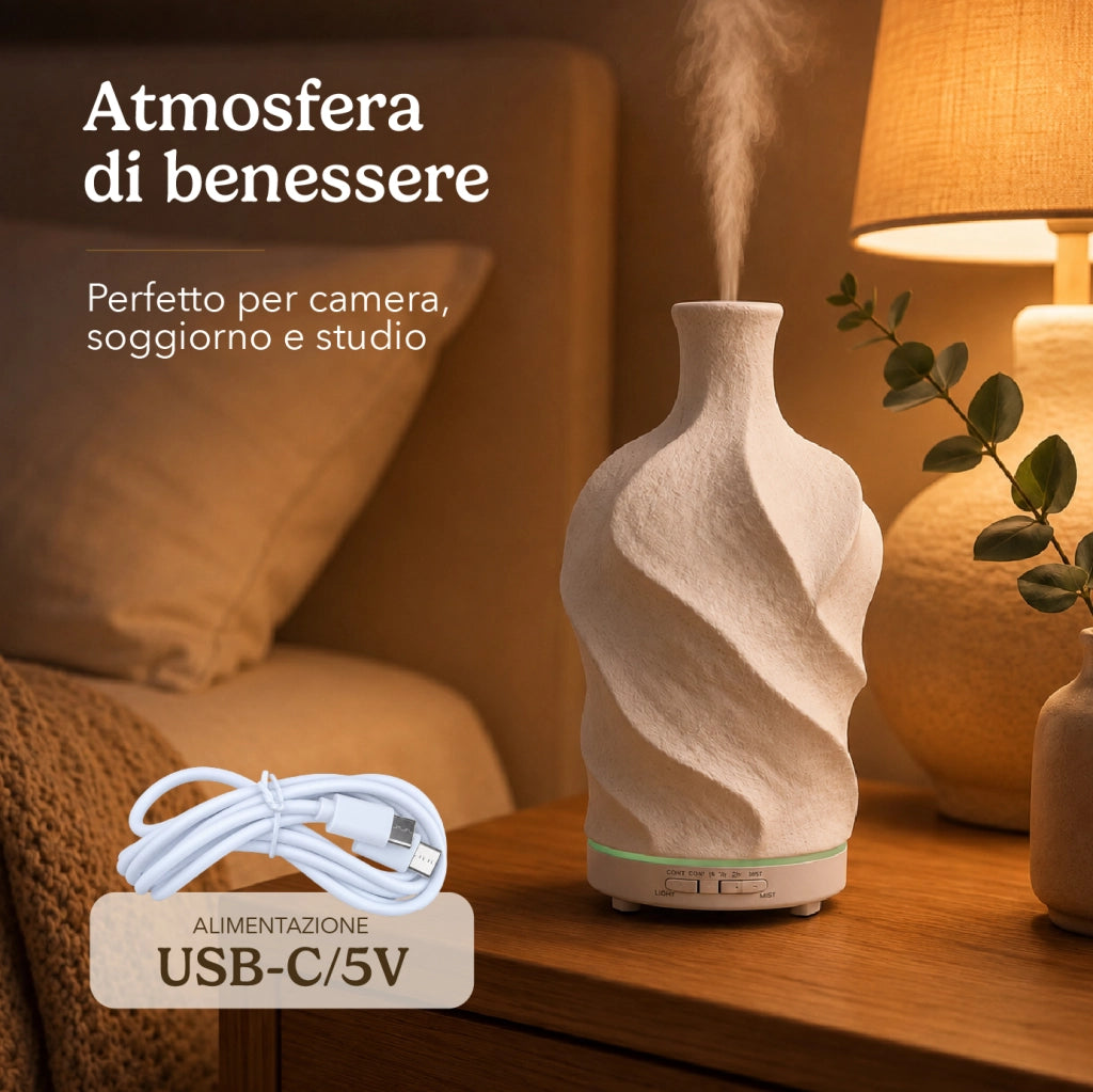 Diffusore di Aromi 80 ml in Ceramica con Luce LED 7 Colori, Umidificatore per Oli Essenziali con Timer 1/2 Ore, Alimentazione USB-C 5V, Design Compatto Bianco