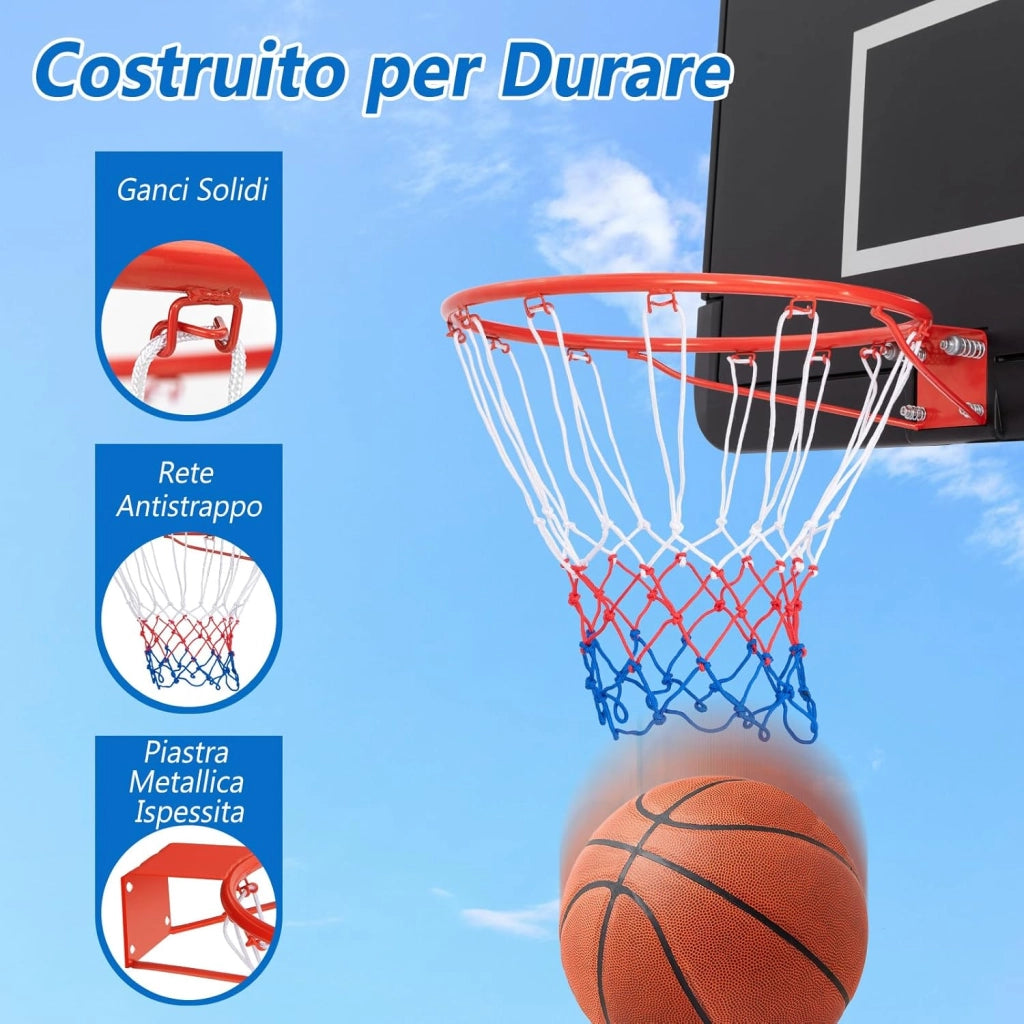Canestro da Basket a Parete, Anello da Pallacanestro da Muro per Bambini e Adulti con Rete Antipioggia, Cerchio Universale da Basket per Interni ed Esterni